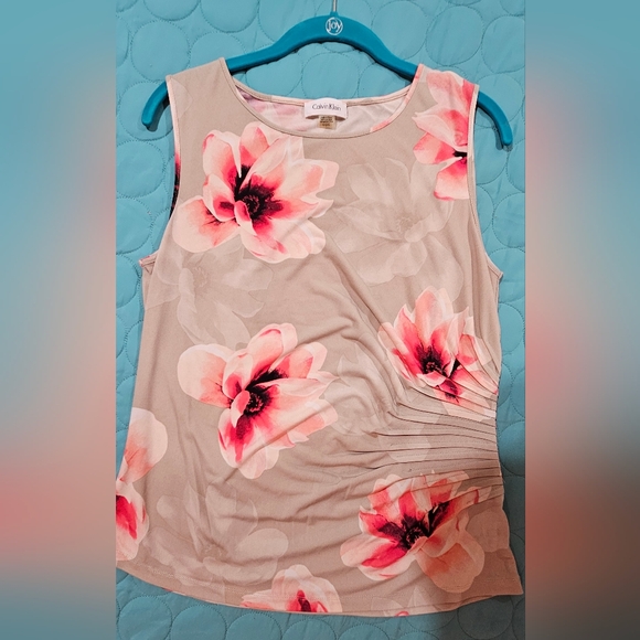 Calvin Klein Tan And Pink Floral Ruched Sleeveless  Summer Top Nordstrom - Picture 2 of 4